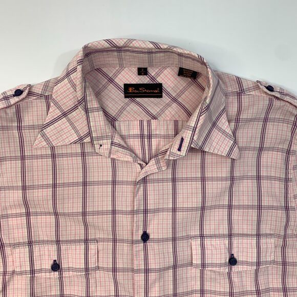 Ben Sherman Shirt Mens M Medium Pink Purple Button Up Windowpane Plaid Cotton - Picture 4 of 13